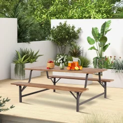 Tangkula Wood Picnic Table, Outdoor Acacia Wood Picnic Table Bench Set with 2 Built-in Benches