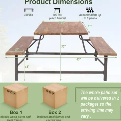 Tangkula Wood Picnic Table, Outdoor Acacia Wood Picnic Table Bench Set with 2 Built-in Benches