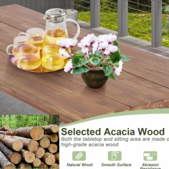 Tangkula Wood Picnic Table, Outdoor Acacia Wood Picnic Table Bench Set with 2 Built-in Benches