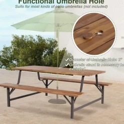 Tangkula Wood Picnic Table, Outdoor Acacia Wood Picnic Table Bench Set with 2 Built-in Benches