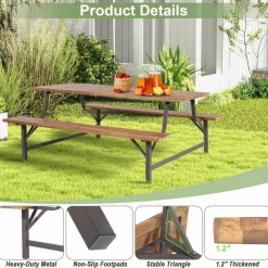 Tangkula Wood Picnic Table, Outdoor Acacia Wood Picnic Table Bench Set with 2 Built-in Benches