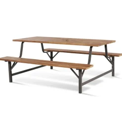 Tangkula Wood Picnic Table, Outdoor Acacia Wood Picnic Table Bench Set with 2 Built-in Benches