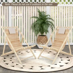 Tangkula Wood Sling Chair Outdoor, Patio Deck Chair with Detachable Headrest & 3-Level Adjustable Backrest
