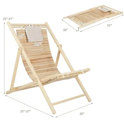 Tangkula Wood Sling Chair Outdoor, Patio Deck Chair with Detachable Headrest & 3-Level Adjustable Backrest