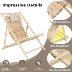 Tangkula Wood Sling Chair Outdoor, Patio Deck Chair with Detachable Headrest & 3-Level Adjustable Backrest