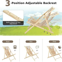 Tangkula Wood Sling Chair Outdoor, Patio Deck Chair with Detachable Headrest & 3-Level Adjustable Backrest