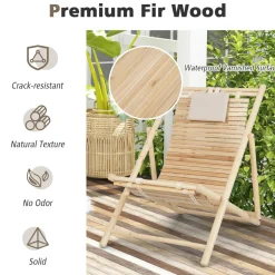 Tangkula Wood Sling Chair Outdoor, Patio Deck Chair with Detachable Headrest & 3-Level Adjustable Backrest