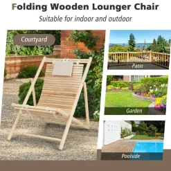 Tangkula Wood Sling Chair Outdoor, Patio Deck Chair with Detachable Headrest & 3-Level Adjustable Backrest
