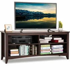 Tangkula Wood TV Stand for TVs up to 65 Inches, TV Storage Cabinet with 4 Open Storage Shelves