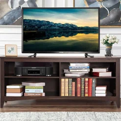 Tangkula Wood TV Stand for TVs up to 65 Inches, TV Storage Cabinet with 4 Open Storage Shelves