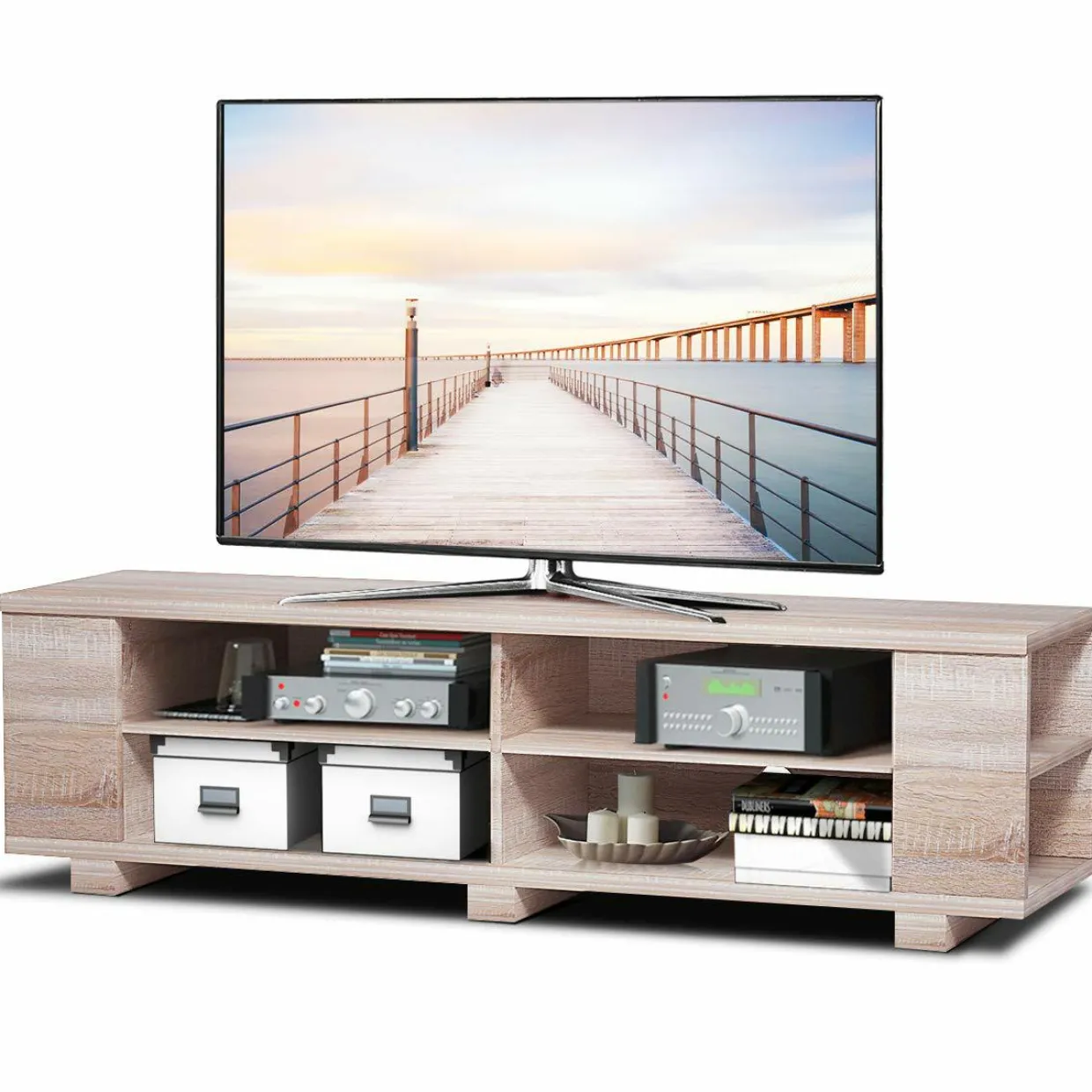 Tangkula Wood TV Stand for TVs up to 65 Inch Flat Screen, Modern Entertainment Center with 8 Open Shelves