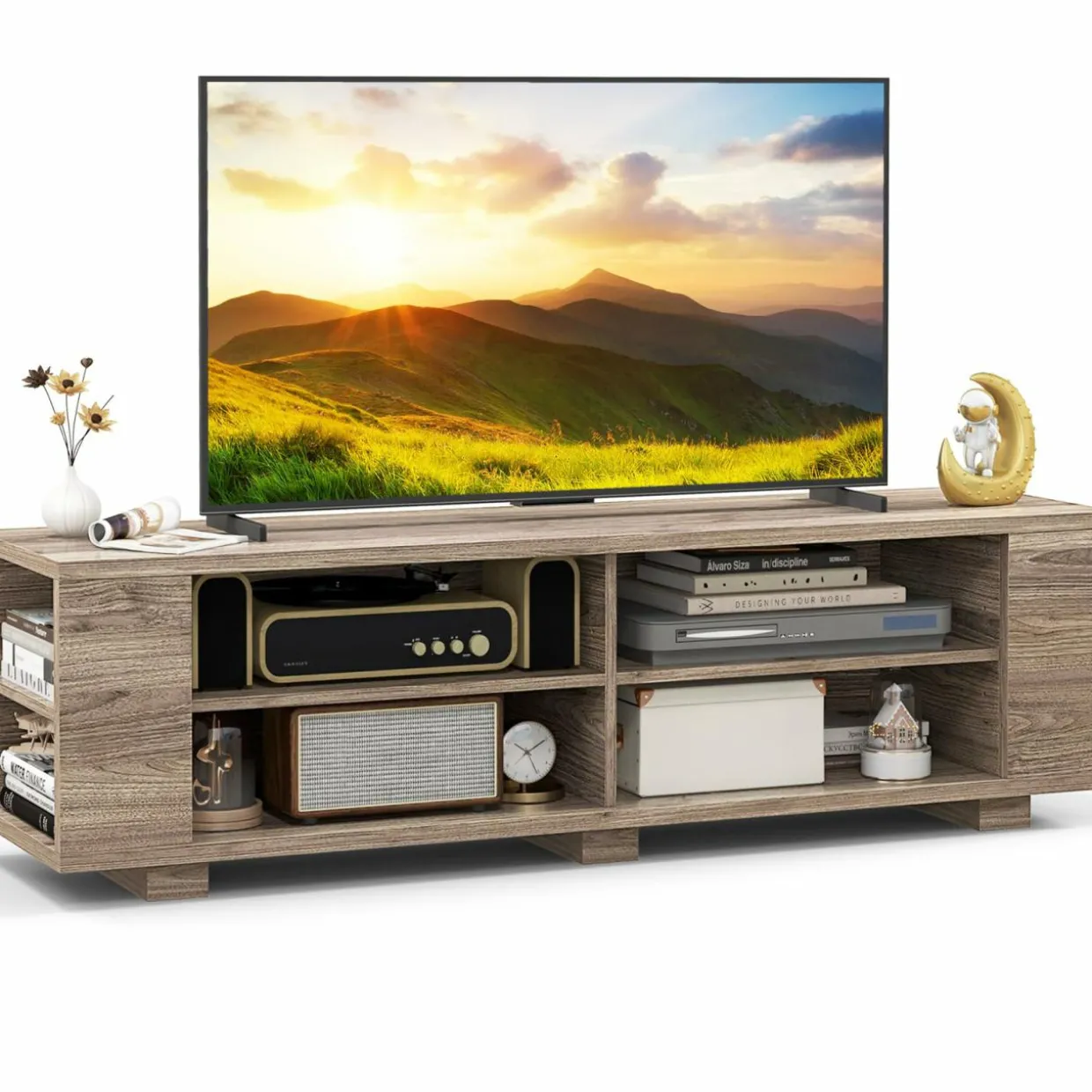 Tangkula Wood TV Stand for TVs up to 65 Inch Flat Screen, Modern Entertainment Center with 8 Open Shelves