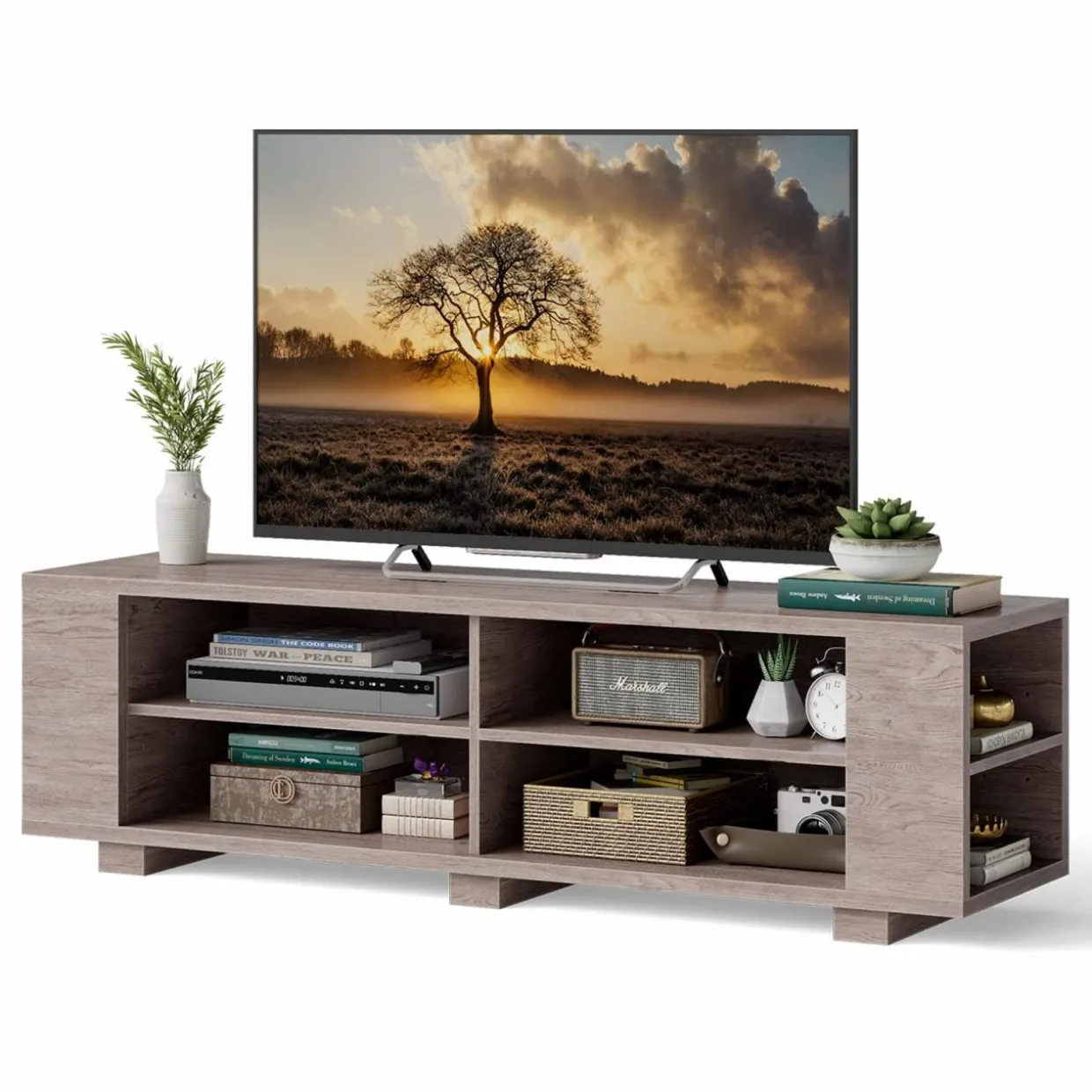 Tangkula Wood TV Stand for TVs up to 65 Inch Flat Screen, Modern Entertainment Center with 8 Open Shelves