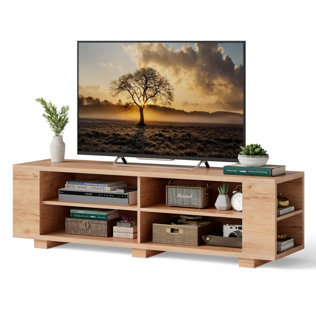 Tangkula Wood TV Stand for TVs up to 65 Inch Flat Screen, Modern Entertainment Center with 8 Open Shelves