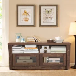 Tangkula Wood TV Stand for TV up to 55 Inches, Rustic Storage Media Console Cabinet w/ 2 Open Shelves and 2 Door Cabinets,Coffee