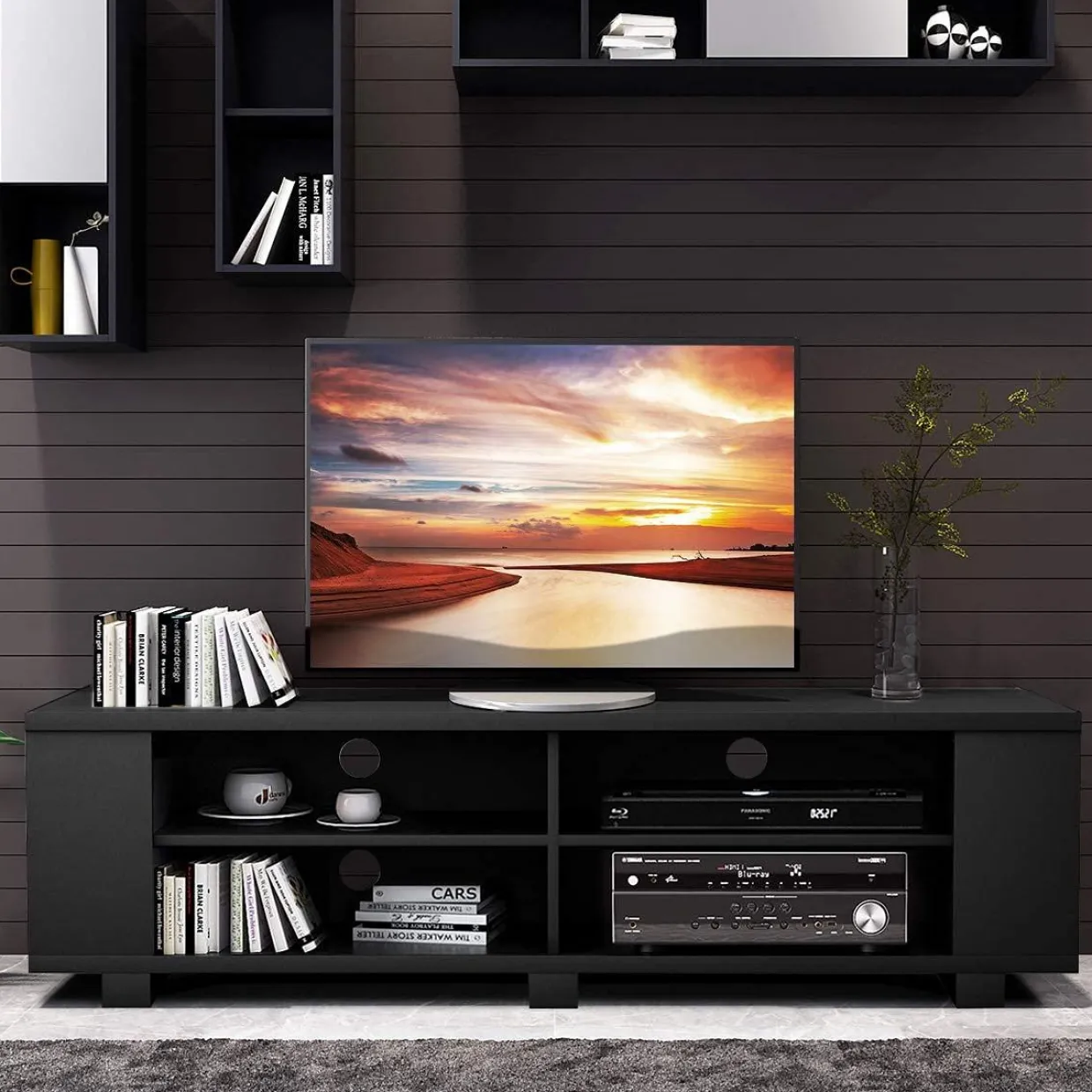 Tangkula Wood TV Stand for TVs up to 65 Inch Flat Screen, Modern Entertainment Center with 8 Open Shelves