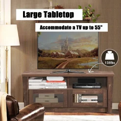 Tangkula Wood TV Stand for TV up to 55 Inches, Rustic Storage Media Console Cabinet w/ 2 Open Shelves and 2 Door Cabinets,Coffee
