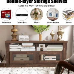 Tangkula Wood TV Stand for TV up to 55 Inches, Rustic Storage Media Console Cabinet w/ 2 Open Shelves and 2 Door Cabinets,Coffee