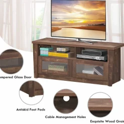 Tangkula Wood TV Stand for TV up to 55 Inches, Rustic Storage Media Console Cabinet w/ 2 Open Shelves and 2 Door Cabinets,Coffee