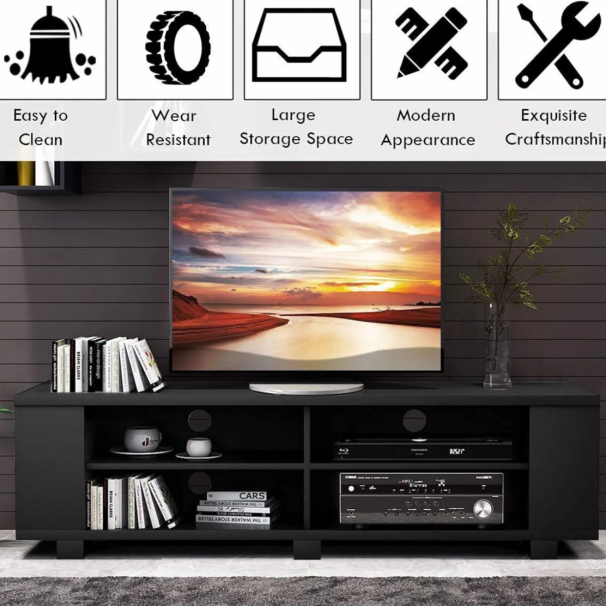 Tangkula Wood TV Stand for TVs up to 65 Inch Flat Screen, Modern Entertainment Center with 8 Open Shelves