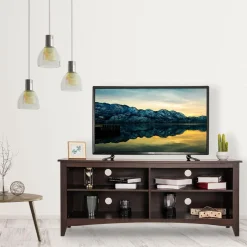Tangkula Wood TV Stand for TVs up to 65 Inches, TV Storage Cabinet with 4 Open Storage Shelves