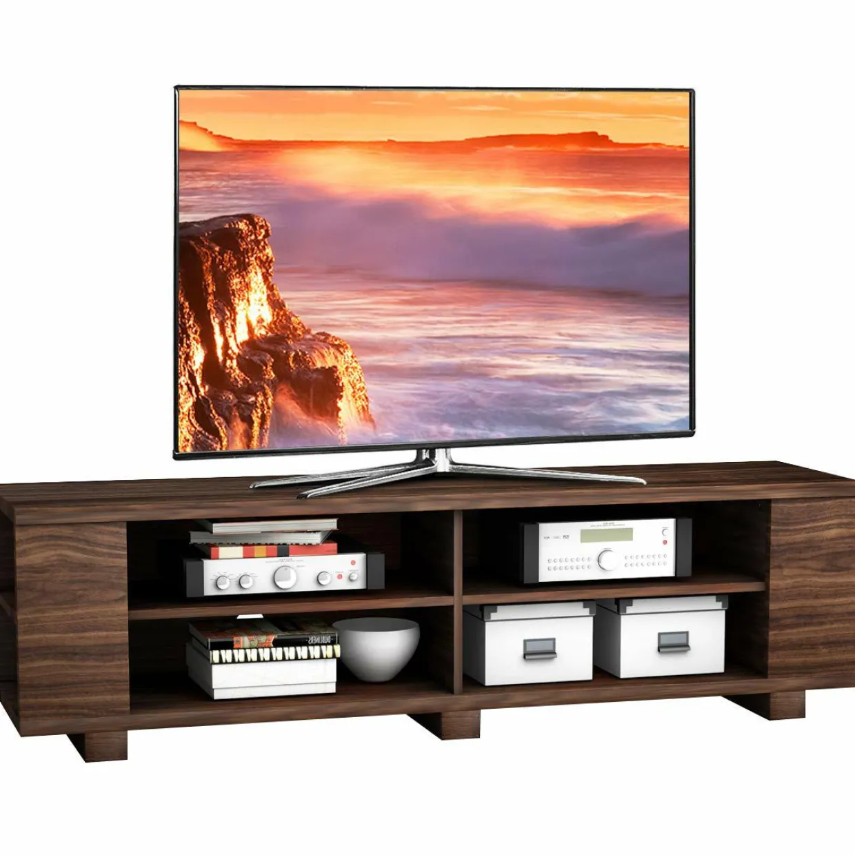 Tangkula Wood TV Stand for TVs up to 65 Inch Flat Screen, Modern Entertainment Center with 8 Open Shelves