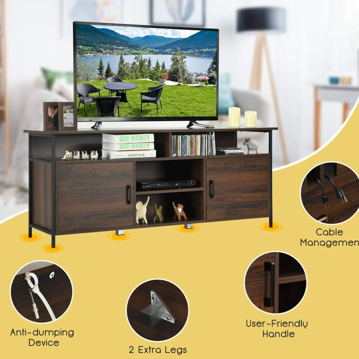 Tangkula Wood Universal TV Stand for TVs up to 65 Inches Flat Screen(Walnut)