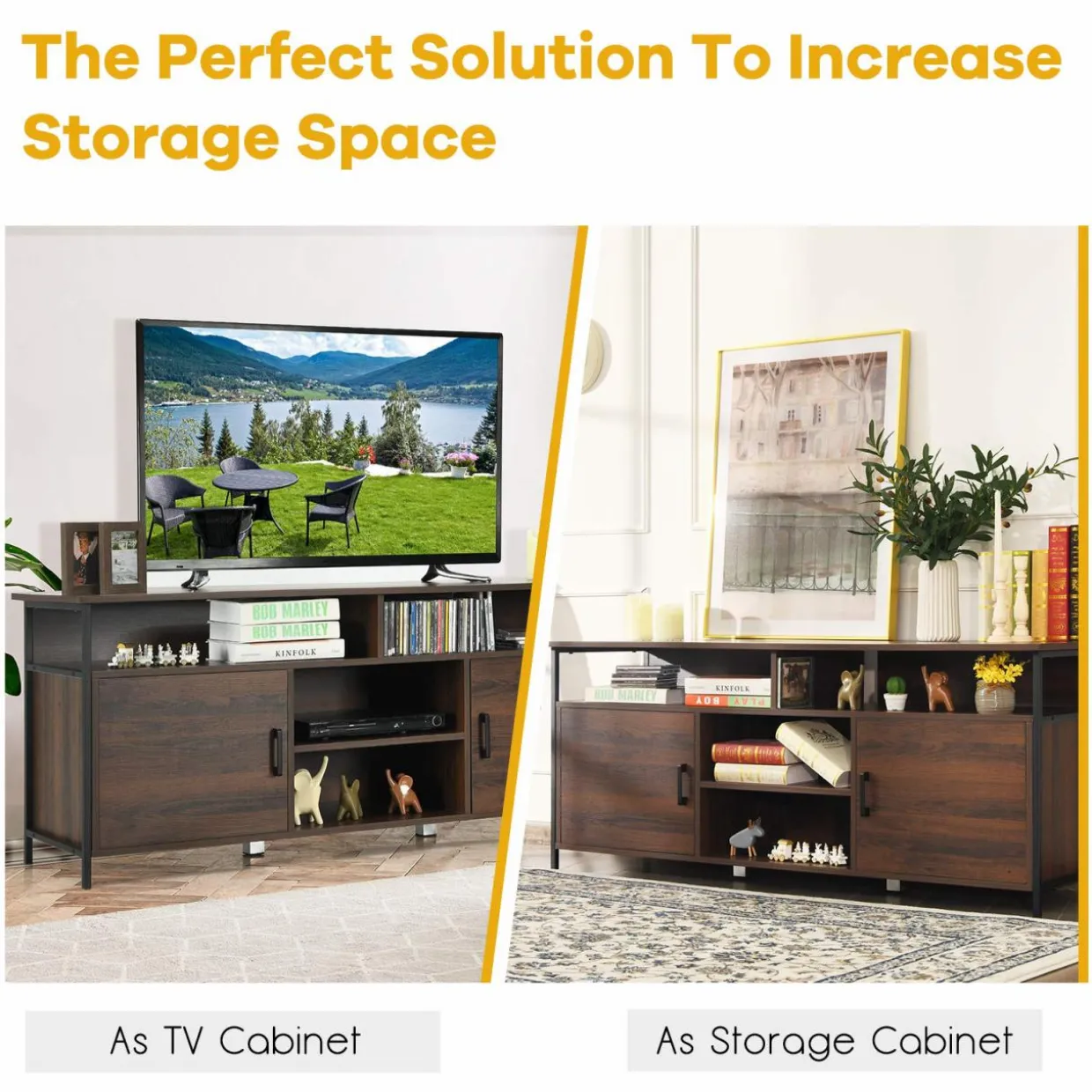 Tangkula Wood Universal TV Stand for TVs up to 65 Inches Flat Screen(Walnut)