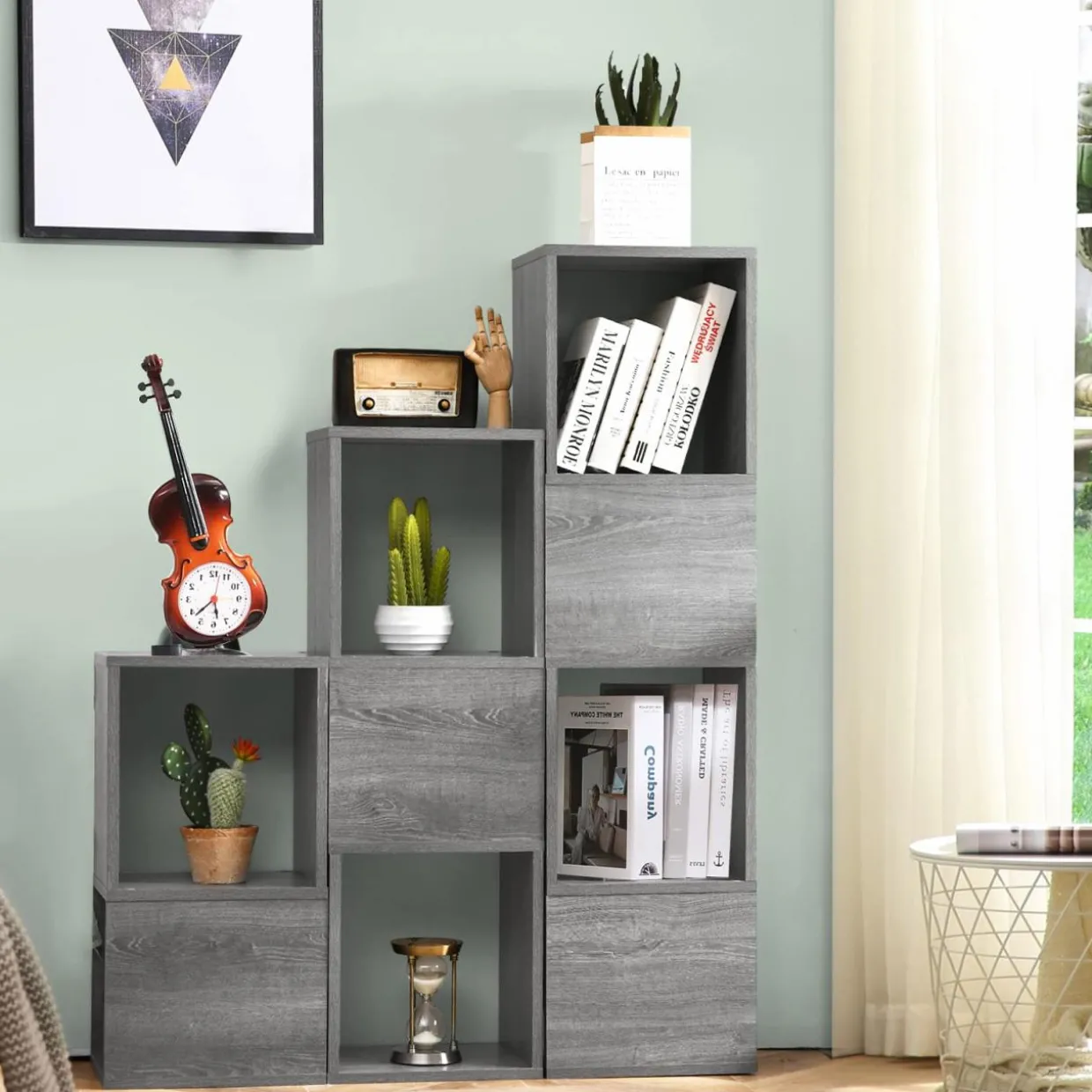 Tangkula Wooden Cube Bookcase, Freely Combined Storage Bookshelf with 9 lattices