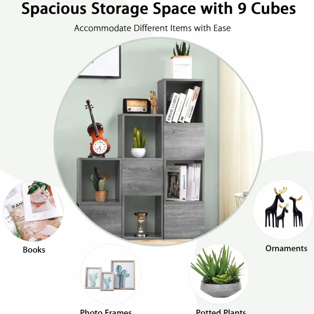 Tangkula Wooden Cube Bookcase, Freely Combined Storage Bookshelf with 9 lattices