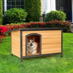 Tangkula Wooden Dog House, Outdoor Weather Resistant Pet Log Cabin