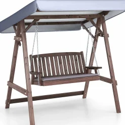 Tangkula Wooden Porch Swing, 2 Person A-Frame Outdoor Swing with Adjustable Canopy, Cushion, Armrests