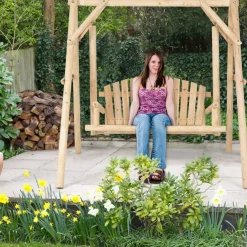 Tangkula Wooden Porch Swing, A-Frame Wood Log Swing Bench Chair