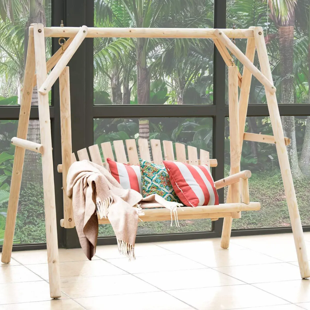 Tangkula Wooden Porch Swing, A-Frame Wood Log Swing Bench Chair
