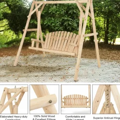 Tangkula Wooden Porch Swing, A-Frame Wood Log Swing Bench Chair