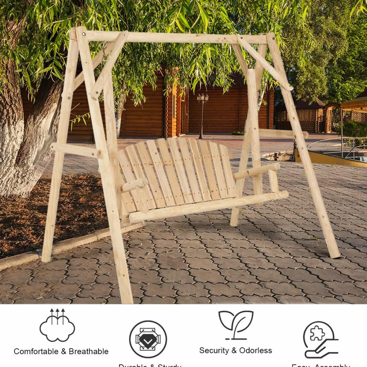 Tangkula Wooden Porch Swing, A-Frame Wood Log Swing Bench Chair