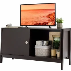 Tangkula Wooden TV Stand for TV up to 50 Inches, TV Cabinet with Sliding Doors
