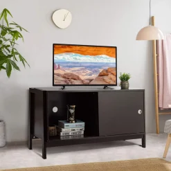Tangkula Wooden TV Stand for TV up to 50 Inches, TV Cabinet with Sliding Doors