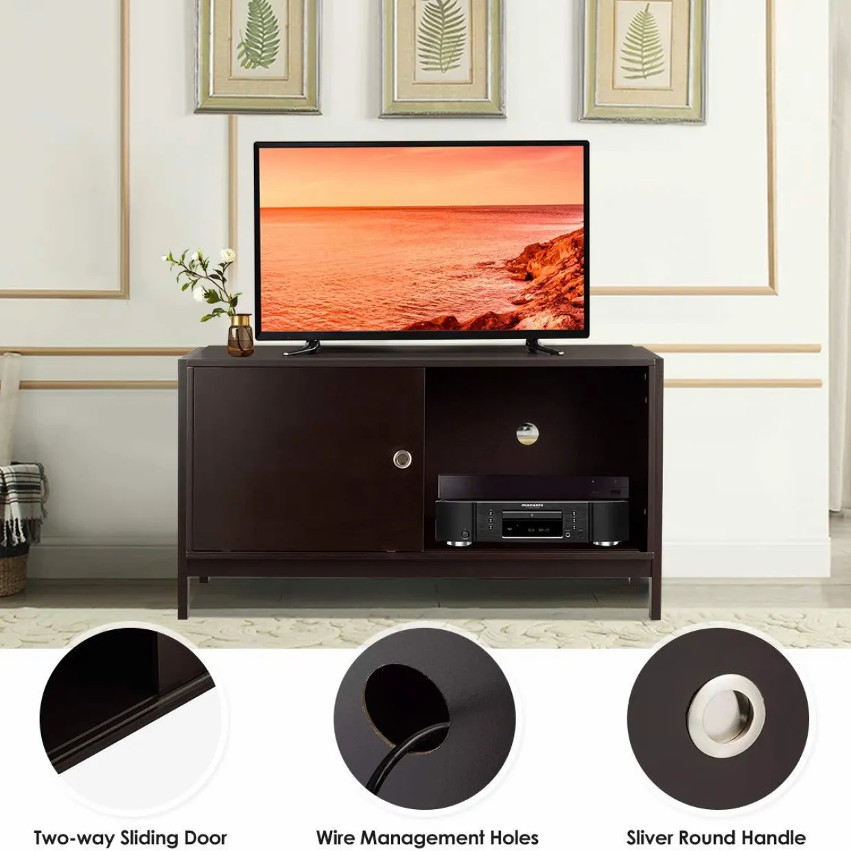 Tangkula Wooden TV Stand for TV up to 50 Inches, TV Cabinet with Sliding Doors