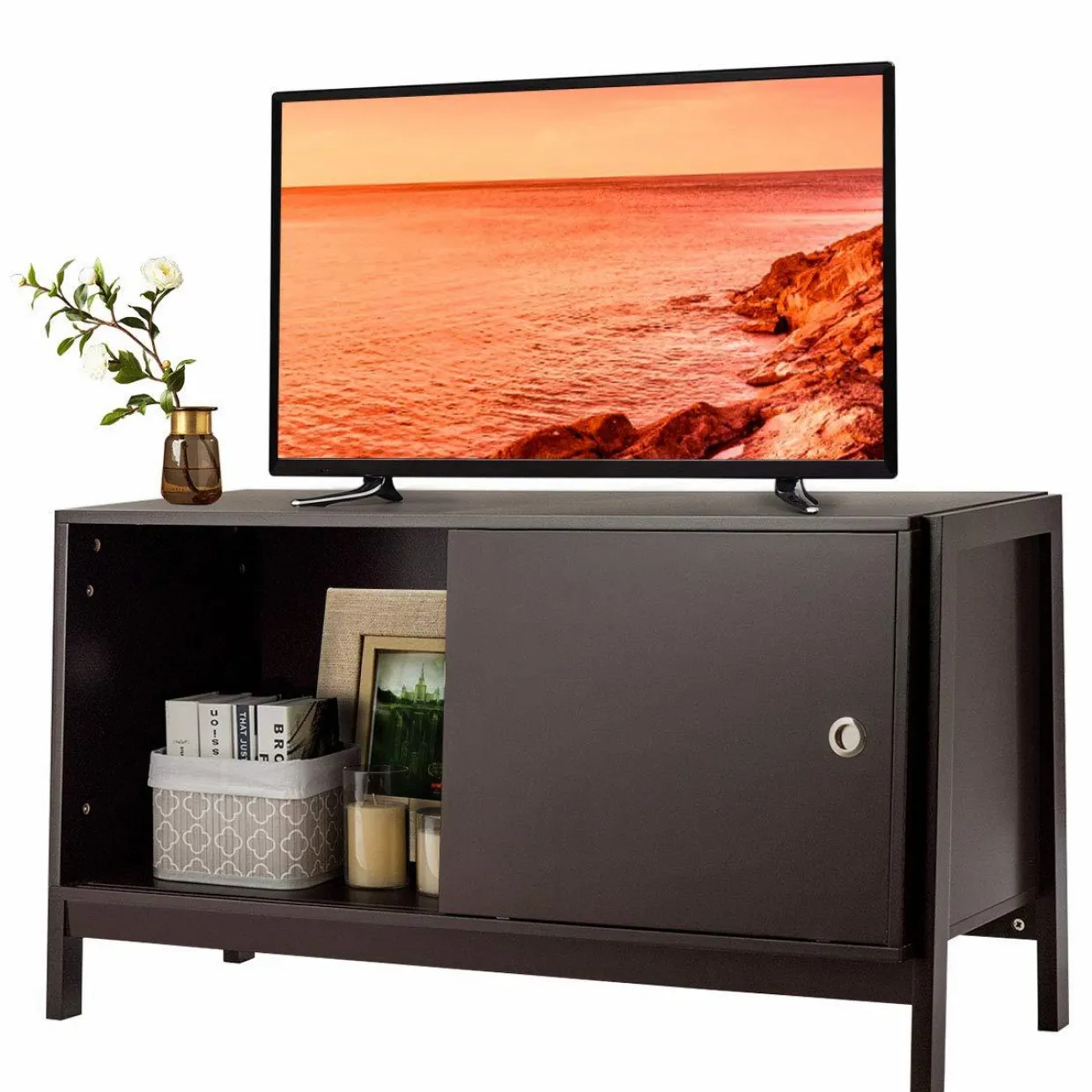 Tangkula Wooden TV Stand for TV up to 50 Inches, TV Cabinet with Sliding Doors