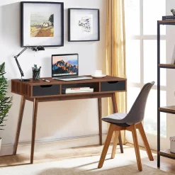 Tangkula Writing Desk with Drawers, Mid Century Home Office Desk Computer Desk (Oak & Walnut)