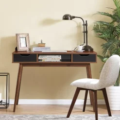 Tangkula Writing Desk with Drawers, Mid Century Home Office Desk Computer Desk (Oak & Walnut)