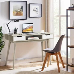Tangkula Writing Desk with Drawers, Mid Century Home Office Desk Computer Desk (Oak & Walnut)