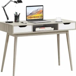 Tangkula Writing Desk with Drawers, Mid Century Home Office Desk Computer Desk (Oak & Walnut)