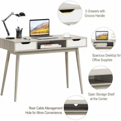 Tangkula Writing Desk with Drawers, Mid Century Home Office Desk Computer Desk (Oak & Walnut)