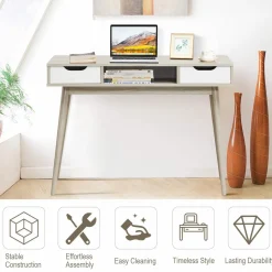 Tangkula Writing Desk with Drawers, Mid Century Home Office Desk Computer Desk (Oak & Walnut)