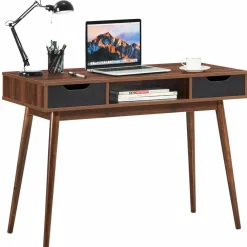 Tangkula Writing Desk with Drawers, Mid Century Home Office Desk Computer Desk (Oak & Walnut)