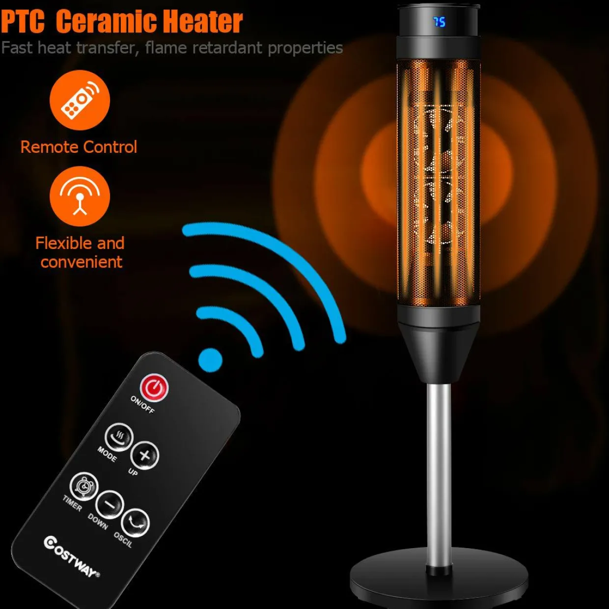 Tangkula 1000W/1500W PTC Ceramic Tower Heater, 34-Inch Oscillating Heater with Remote, Thermostat & 8H Timer