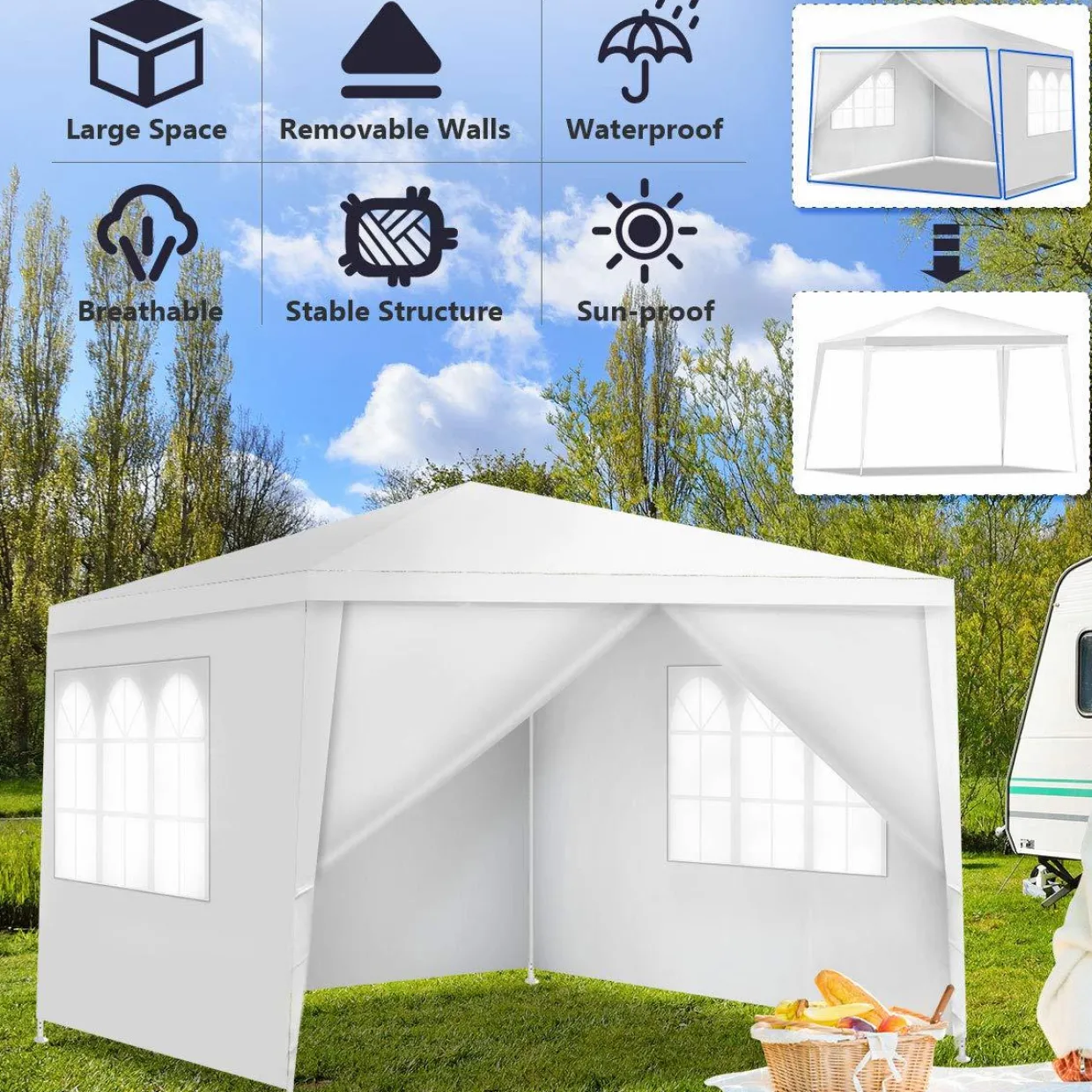 Tangkula 10'x10' Canopy Tent, Party Wedding BBQ Tent, Heavy Duty Gazebo Shelter Pavilion Cater w/4 Removable Sidewalls