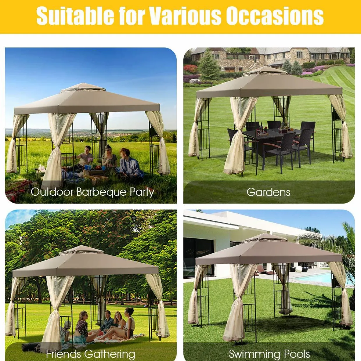Tangkula 10x10 Feet Patio Gazebo, Outdoor Gazebo Canopy Shelter w/ Netting